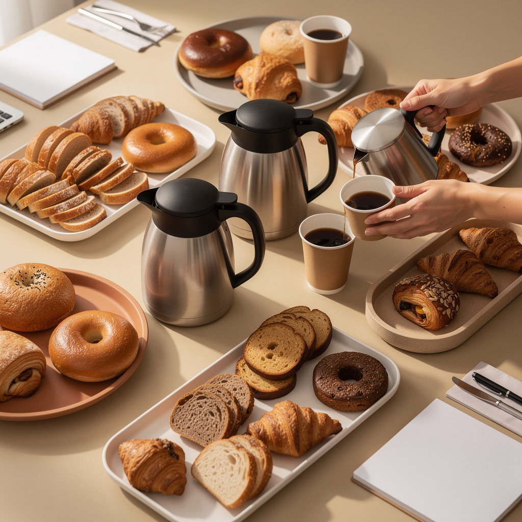 Red Beard Coffee Co catering platters with fresh bagels and locally roasted coffee for events in Pueblo West